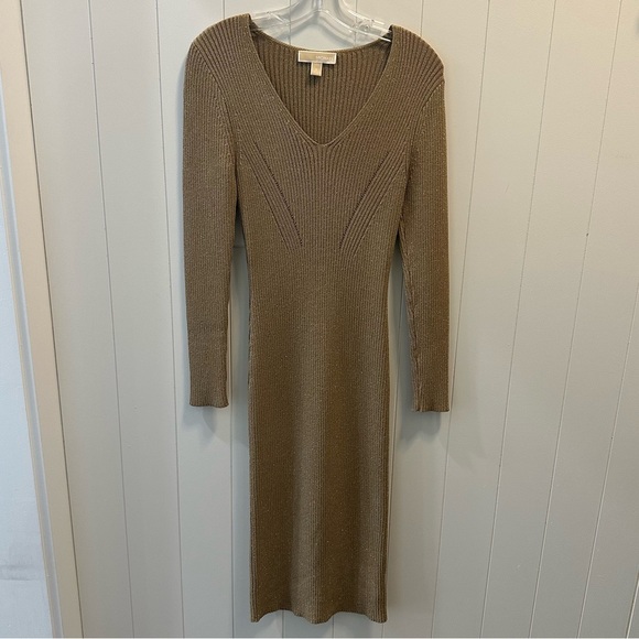 Michael Kors Dresses & Skirts - Michael Kors women's metallic gold ribbed sweater dress bodycon size small